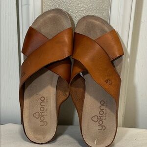YOKONO Brown Crossover Sandals with Contoured Footbed
